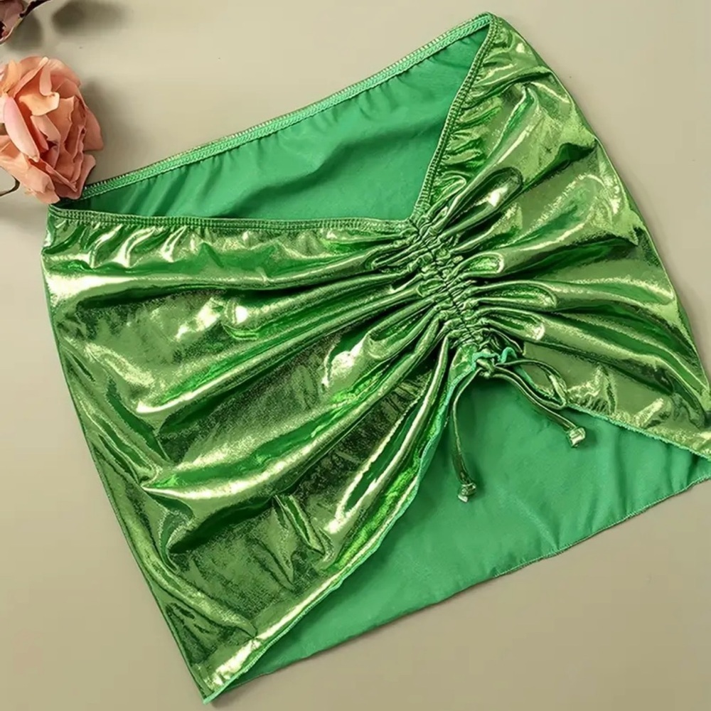 3pc Green Metallic Halter High Cut Brazilian Bikini Set & Skirt Cover Up - Picture 4 of 12